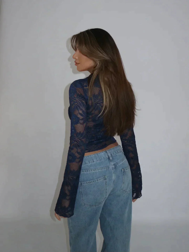 Women's Lace Top - Floral Pattern - Deep V-Neck - Long Sleeve Elegant Fit