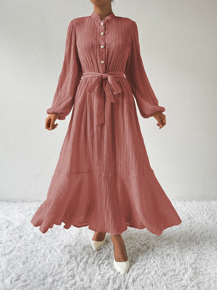 Women's Maxi Dress - Pleated Texture - Long Sleeve High Neck - Waist Tie Elegant Fit