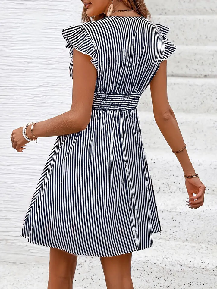 Women's A-Line Dress - Striped Pattern - V-Neck - Ruffled Cap Sleeves - Fitted Waist
