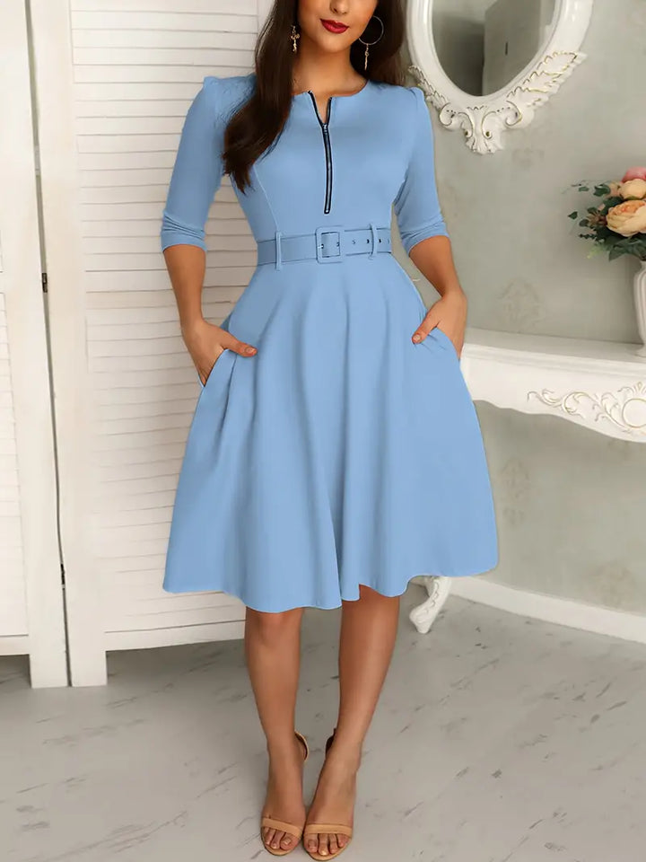 Women's Knee-Length Dress - Fit and Flare - 3/4 Sleeve - Zippered Neckline - Belted