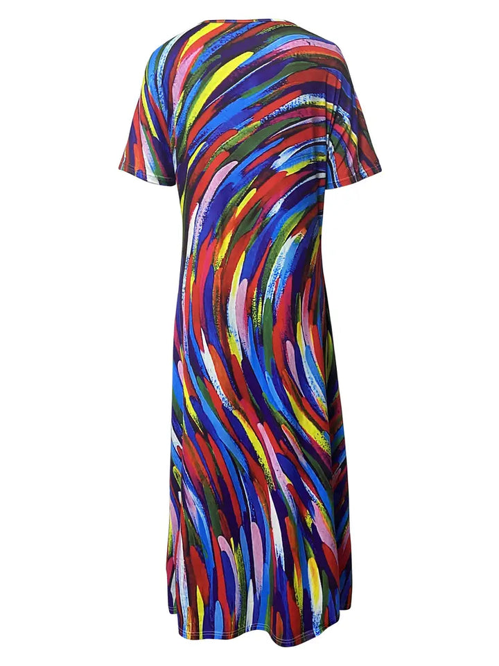 Women's Maxi Dress - V-Neck - Short Sleeve - Flowy Fit - Side Slit - Abstract Print