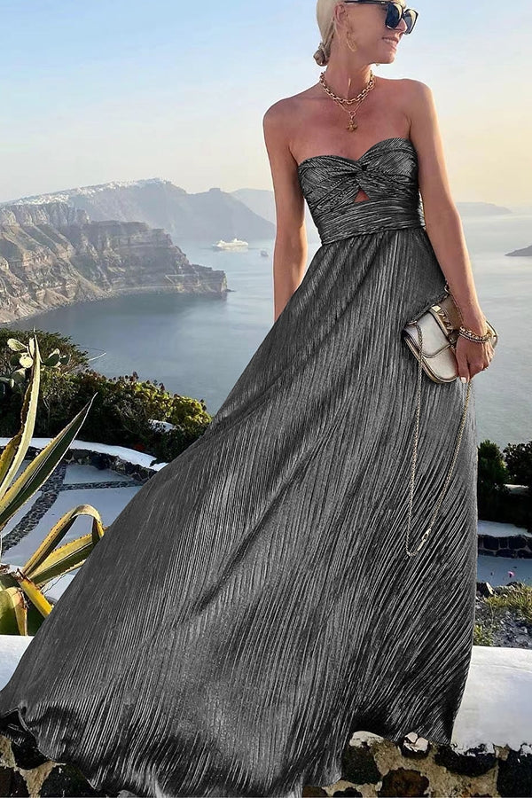 Women’s Evening Gown - Strapless A-Line - Pleated Metallic Finish - Full-Length Elegant Wear