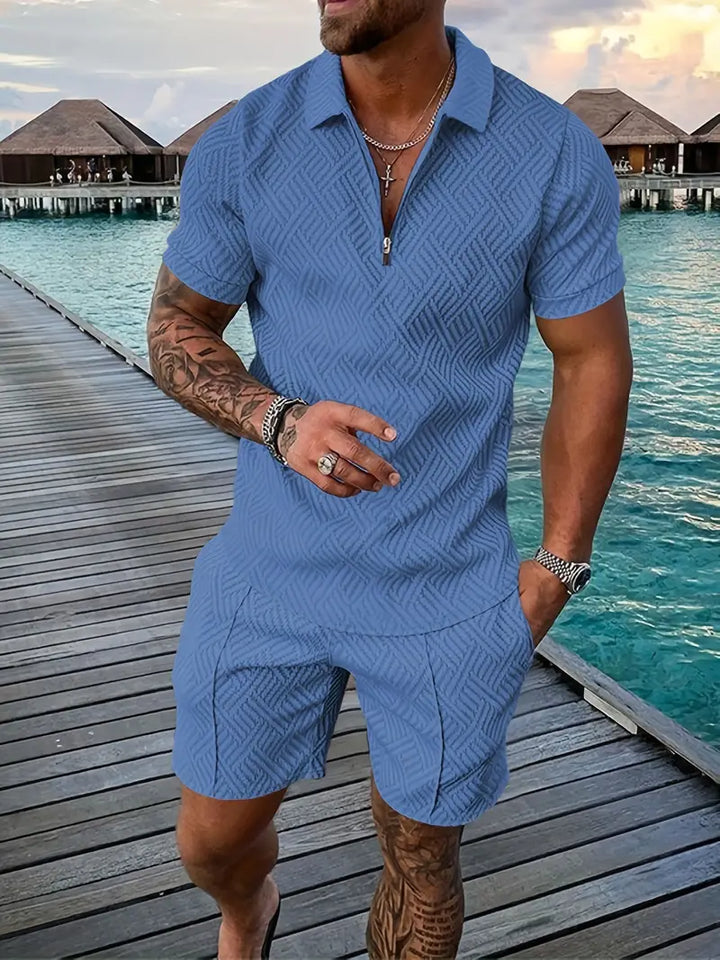 Men’s Polo Shirt and Shorts Set – Slim Fit – Zip Placket – Breathable Textured Fabric