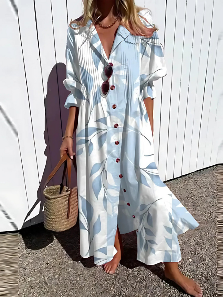 Women’s Maxi Dress - Relaxed Fit - Breathable Blend - Button Front - Retro Leaf Print