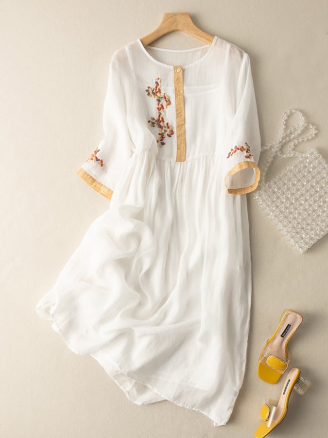 Women’s Midi Dress – Embroidered Cotton Linen – A-Line Fit – 3/4 Sleeve – Button Neckline