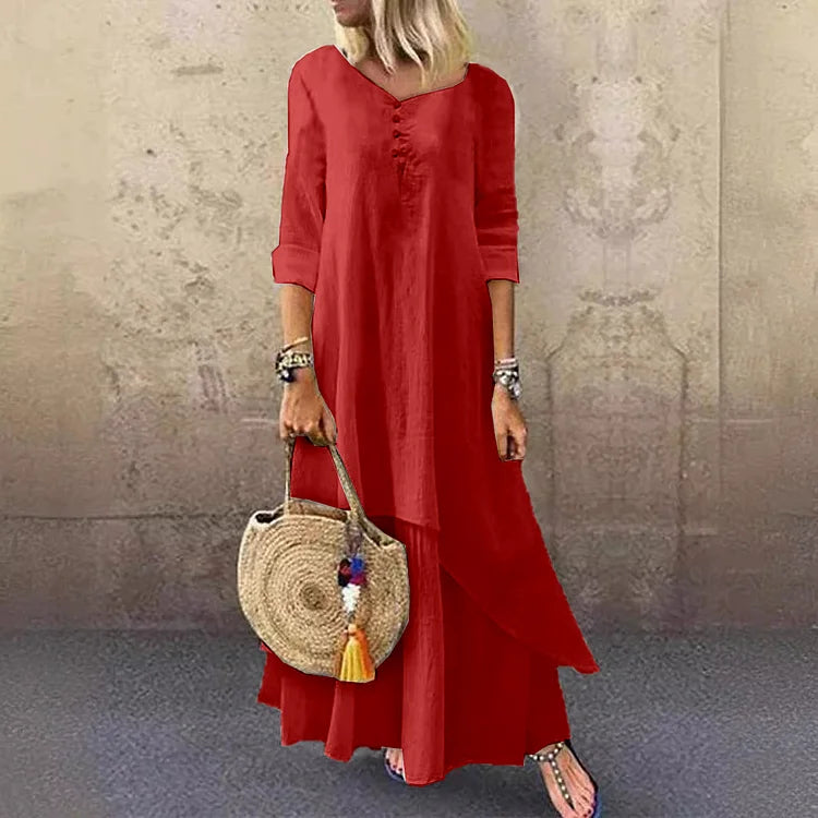 Women’s Midi Dress – Natural Fibers – Relaxed Fit – 3/4 Sleeve – Layered Design