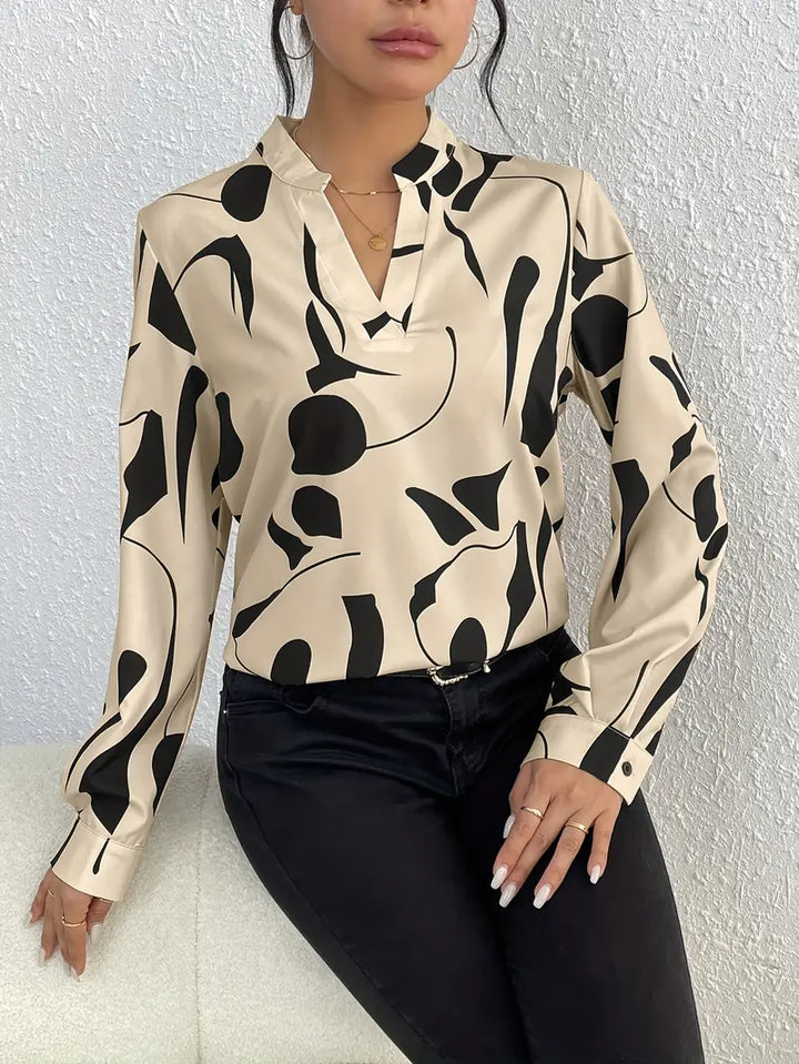 Women's Blouse - V-Neck - Long Sleeve - Relaxed Fit - Abstract Pattern
