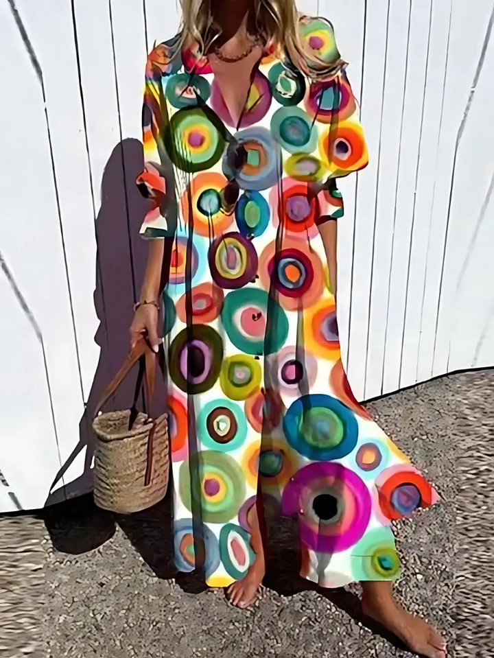 Women’s Maxi Dress - Relaxed Fit - Breathable Blend - Button Front - Retro Leaf Print