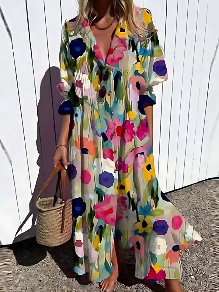 Women’s Maxi Dress - Relaxed Fit - Breathable Blend - Button Front - Retro Leaf Print