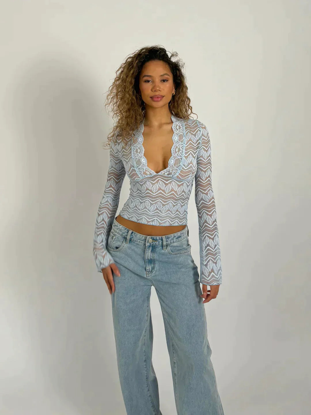 Women's Lace Top - Floral Pattern - Deep V-Neck - Long Sleeve Elegant Fit