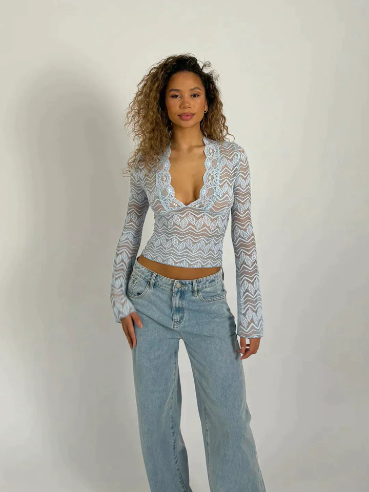 Women's Lace Top - Floral Pattern - Deep V-Neck - Long Sleeve Elegant Fit