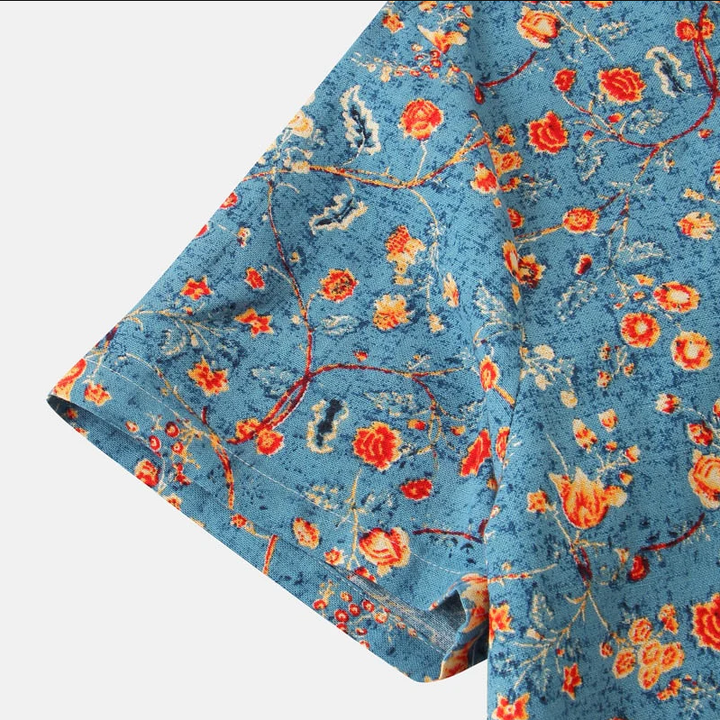 Men’s Short Sleeve Shirt - Relaxed Fit - Breathable Blend - Mandarin Collar - Floral Print