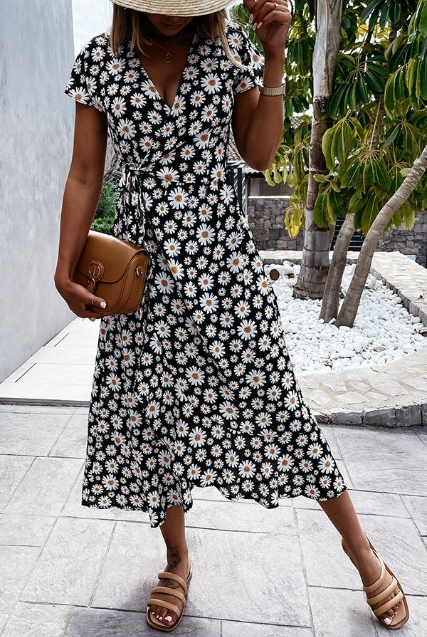 Women’s Midi Dress – A-Line Silhouette – Relaxed Fit – Short Sleeve – Breathable Blend