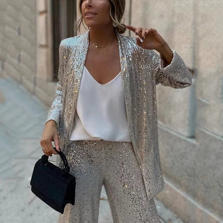 Women’s Two-Piece Set – Sequin Jacket – High-Waisted Wide-Leg Pants – Elegant Fit