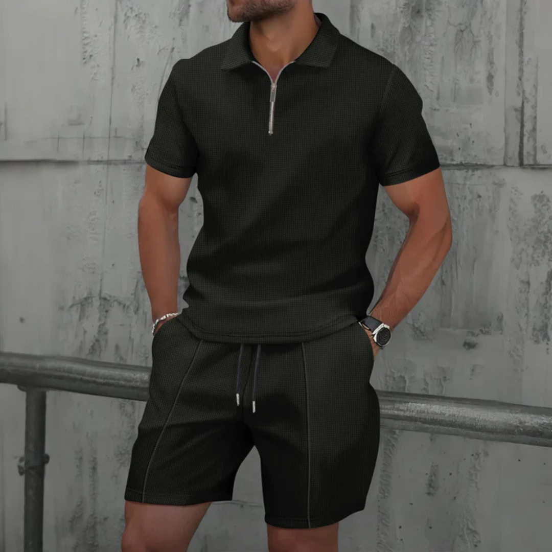 Men’s Co-ord Set – Slim Fit – Soft Knit – Zip Neck Polo – Mid-Thigh Shorts – Casual Wear