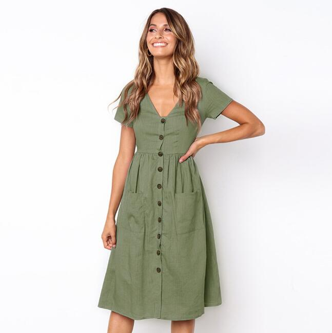 Women’s Midi Dress - Relaxed Fit - Button-Down Front - Short Sleeve - Breathable Blend