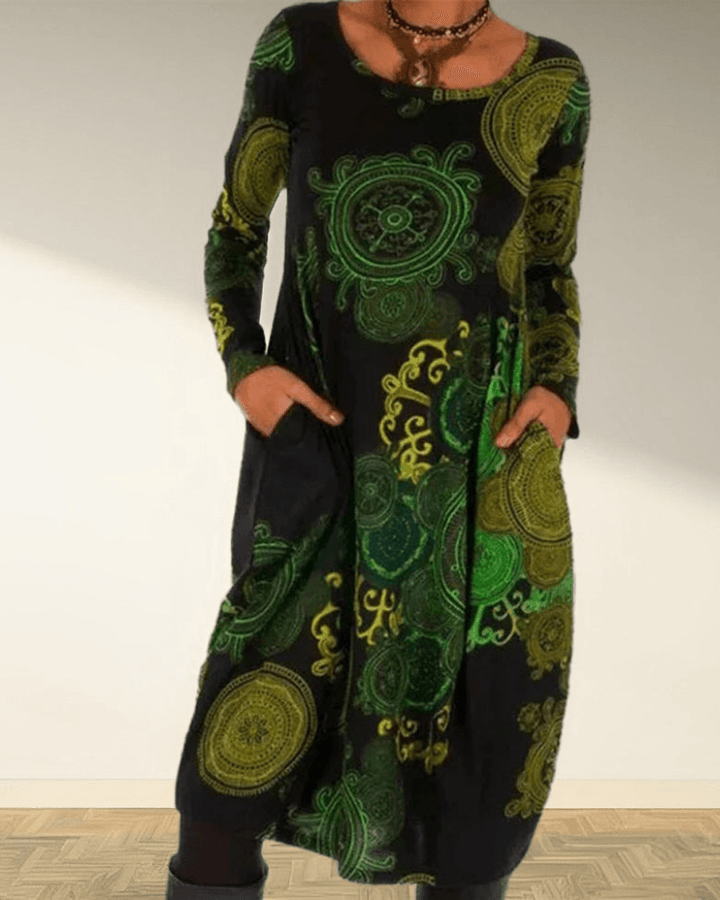 Women's Maxi Dress - Bohemian Print - Long Sleeve - A-Line Relaxed Fit - Round Neck
