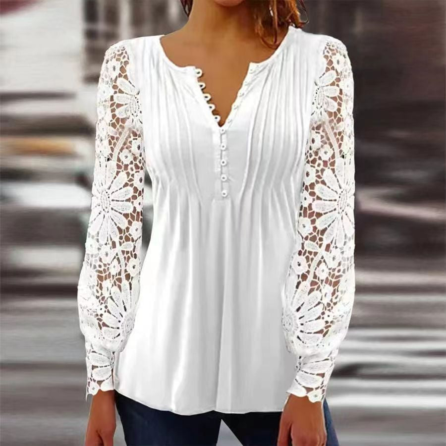 Women’s Top – Relaxed Fit – V-Neck with Buttons – 3/4 Sleeve – Breathable Blend