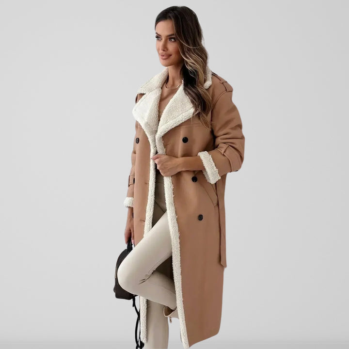 Women's Belted Trench Coat – Oversized Fit – Shearling Lined – Double Breasted Closure