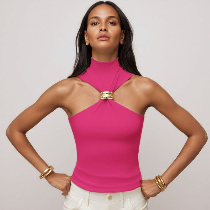 Women’s Tank Top - Soft Knit - Slim Fit Halter Neck - Metal Ring Detail - Breathable Fabric