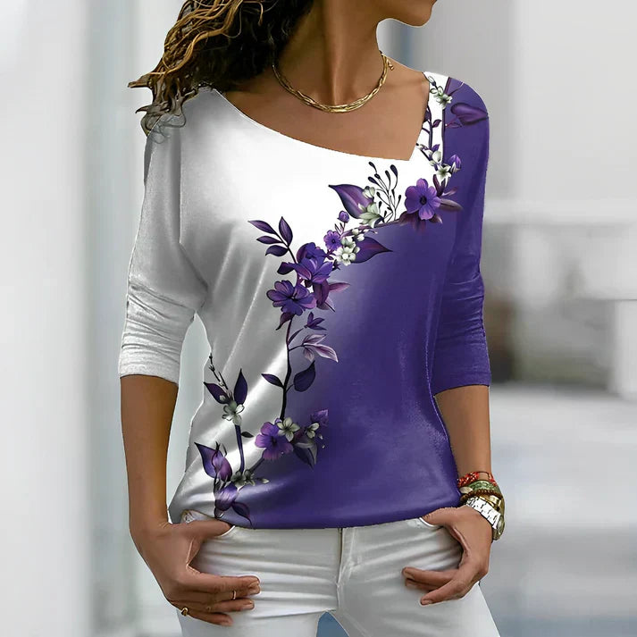 Women's Off-Shoulder Blouse - Asymmetrical Fit - 3/4 Sleeve Floral Print Casual Wear