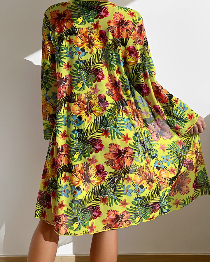 Women’s Bikini Set – Tie Front Top – High-Waisted Bottoms – Sheer Floral Cover-Up