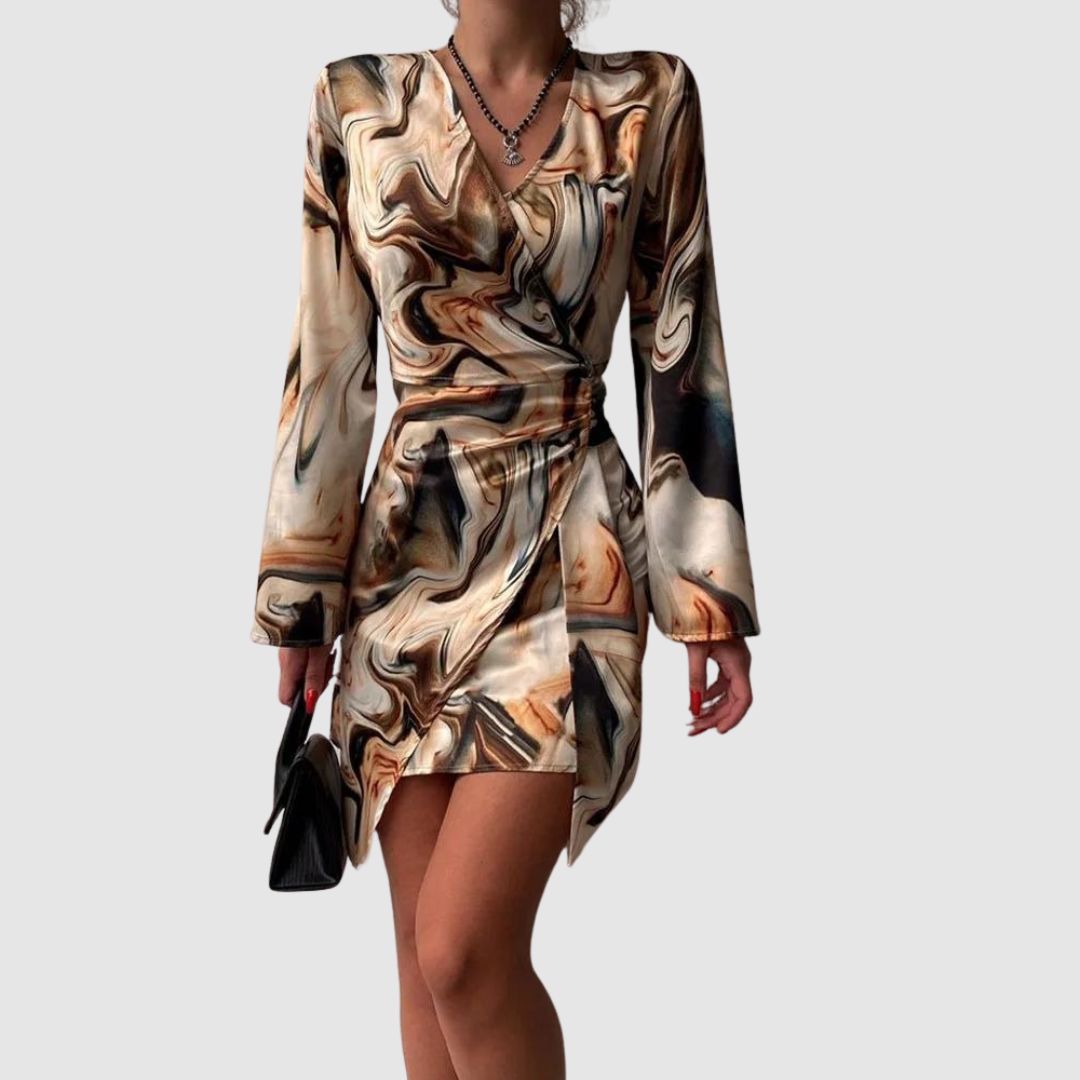Women's Wrap Dress - V-Neck - Long Sleeve - Text Print - Elegant Fit