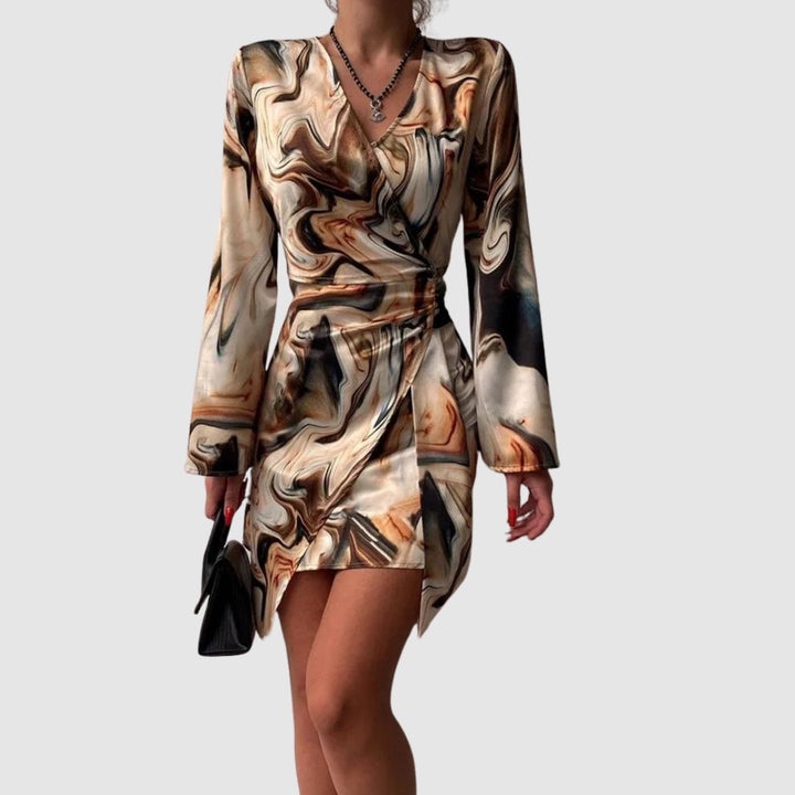 Women's Wrap Dress - V-Neck - Long Sleeve - Text Print - Elegant Fit