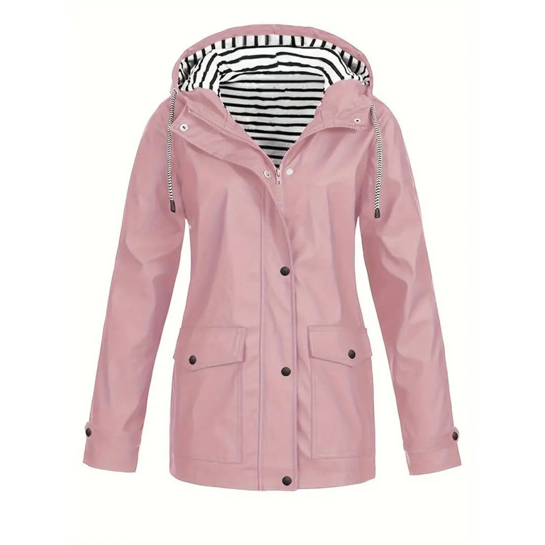 Women’s Raincoat – Relaxed Fit – Adjustable Hood – Button Front – Mid-Length Waterproof