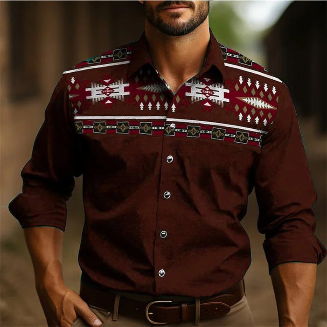 Men’s Button-Down Shirt – Tailored Fit – Long Sleeve – Retro Geometric Design – Breathable Fabric