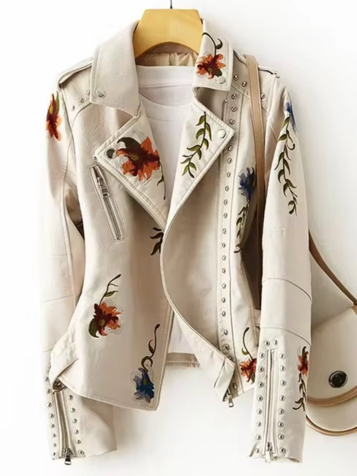 Women’s Biker Jacket – Tailored Fit – Embroidered Floral – Studded Detailing – Cropped Style
