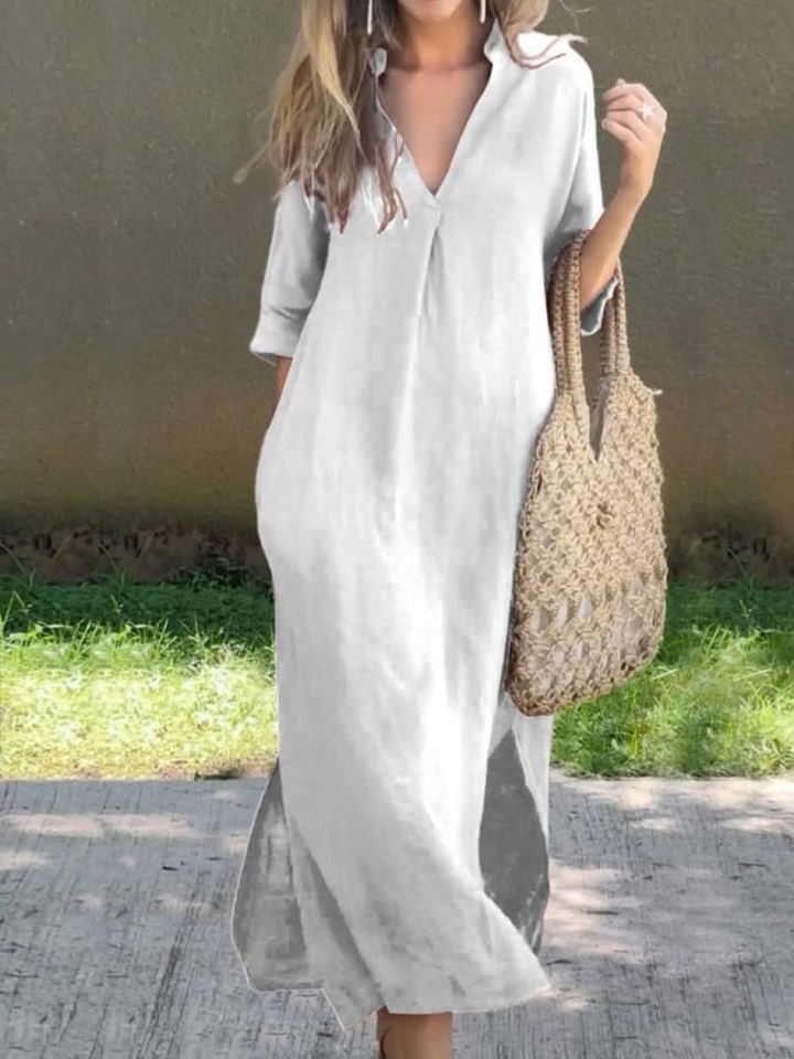 Women’s Maxi Dress - Relaxed Fit - V-Neck - Three-Quarter Sleeve - Breathable Blend