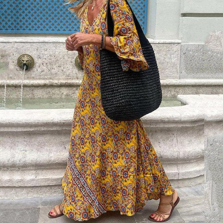 Women’s Maxi Dress – Breathable Blend – Loose Fit – V-Neck – Long Sleeve – Side Slits