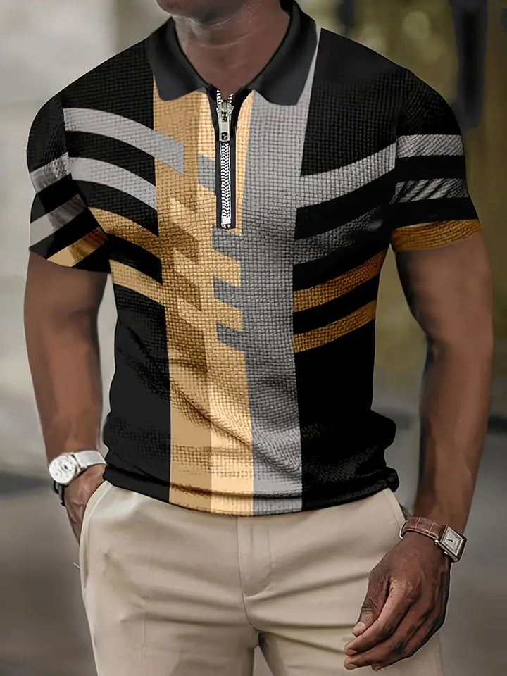 Men’s Polo Shirt - Zipper Closure - Geometric Pattern - Fitted Stylish Design