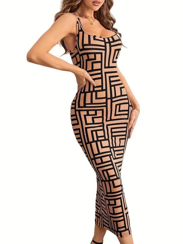 Women's Bodycon Dress - Geometric Pattern - Midi Length - Square Neck - Elegant Fit