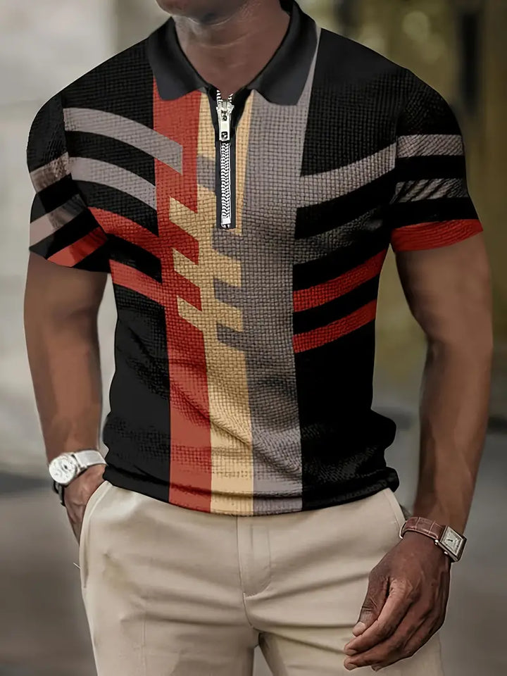 Men’s Polo Shirt - Zipper Closure - Geometric Pattern - Fitted Stylish Design