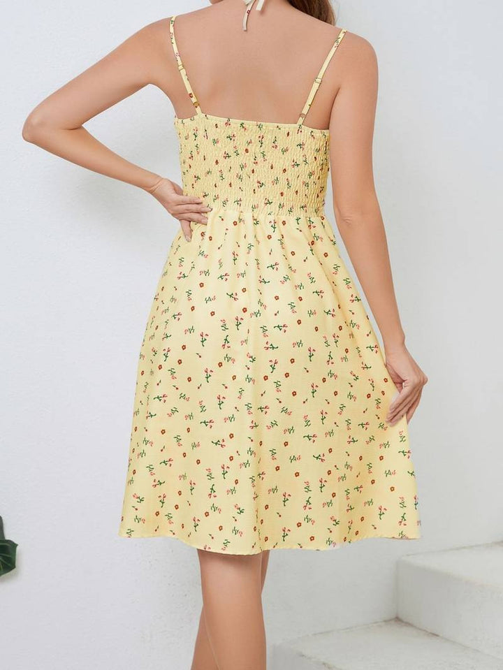 Women's Sundress - A-Line Knee-Length - Shirred Bodice - Spaghetti Straps - Floral Print