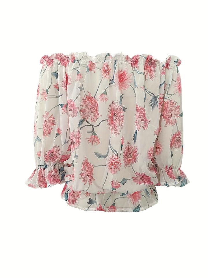 Women’s Off-Shoulder Blouse – Floral Print – Long Puff Sleeve – Tie Front – Casual Fit
