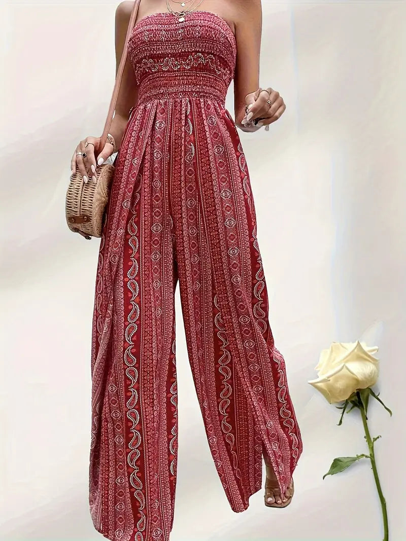 Women's Strapless Jumpsuit - Smocked Bodice - Wide-Leg Bohemian Print - Flowing Fit