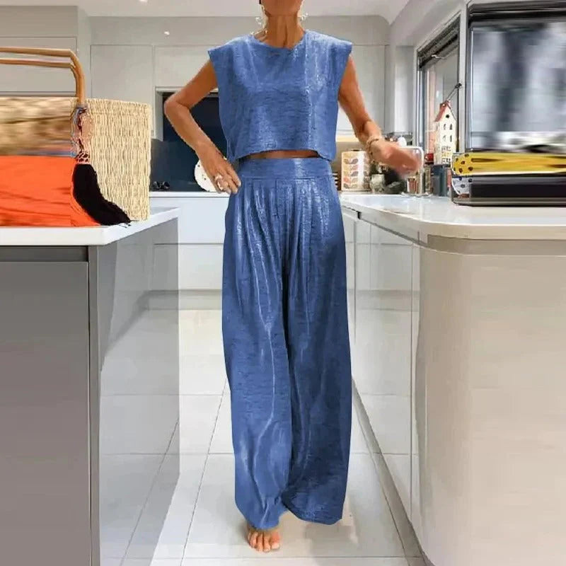 Women’s Two-Piece Set – Sleeveless Crop Top – Wide-Leg High-Waist Pants – Silk Look