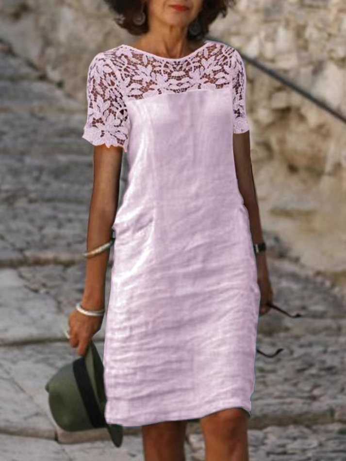 Women’s Knee-Length Dress – Loose Fit – Lace Detail – Short Sleeve – Breathable Blend