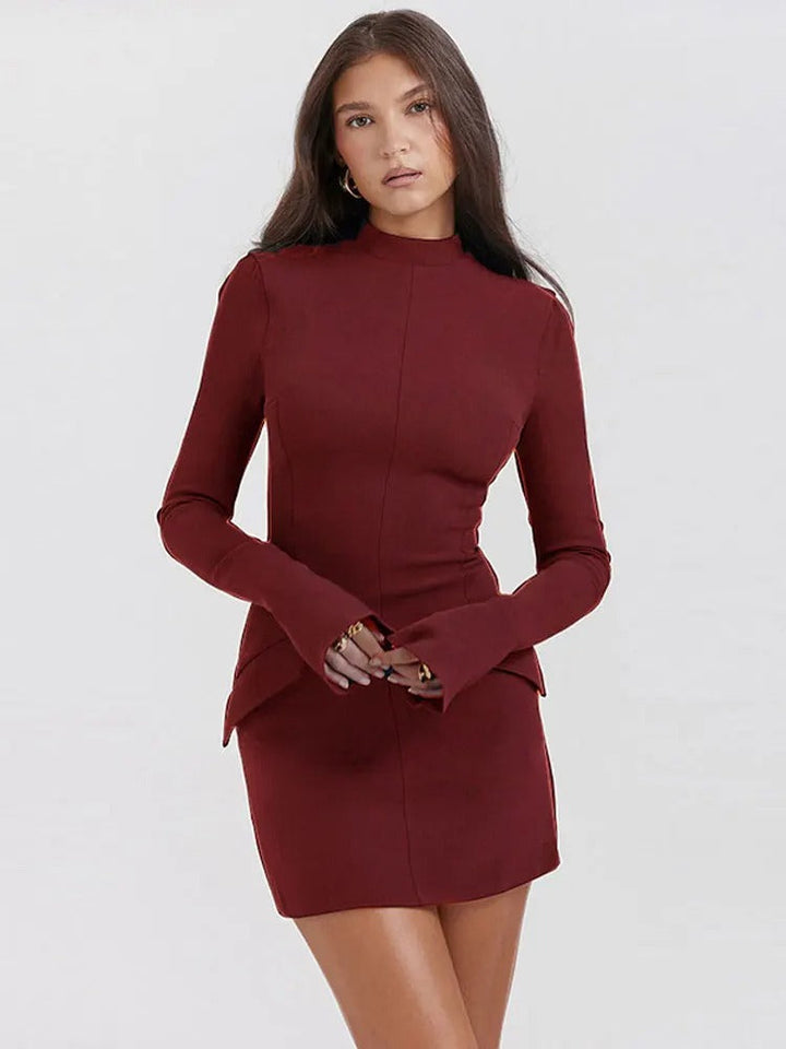 Women's Mini Dress - Tailored Fit - Long Sleeve Bell Cuffs - High Neck Elegant Style