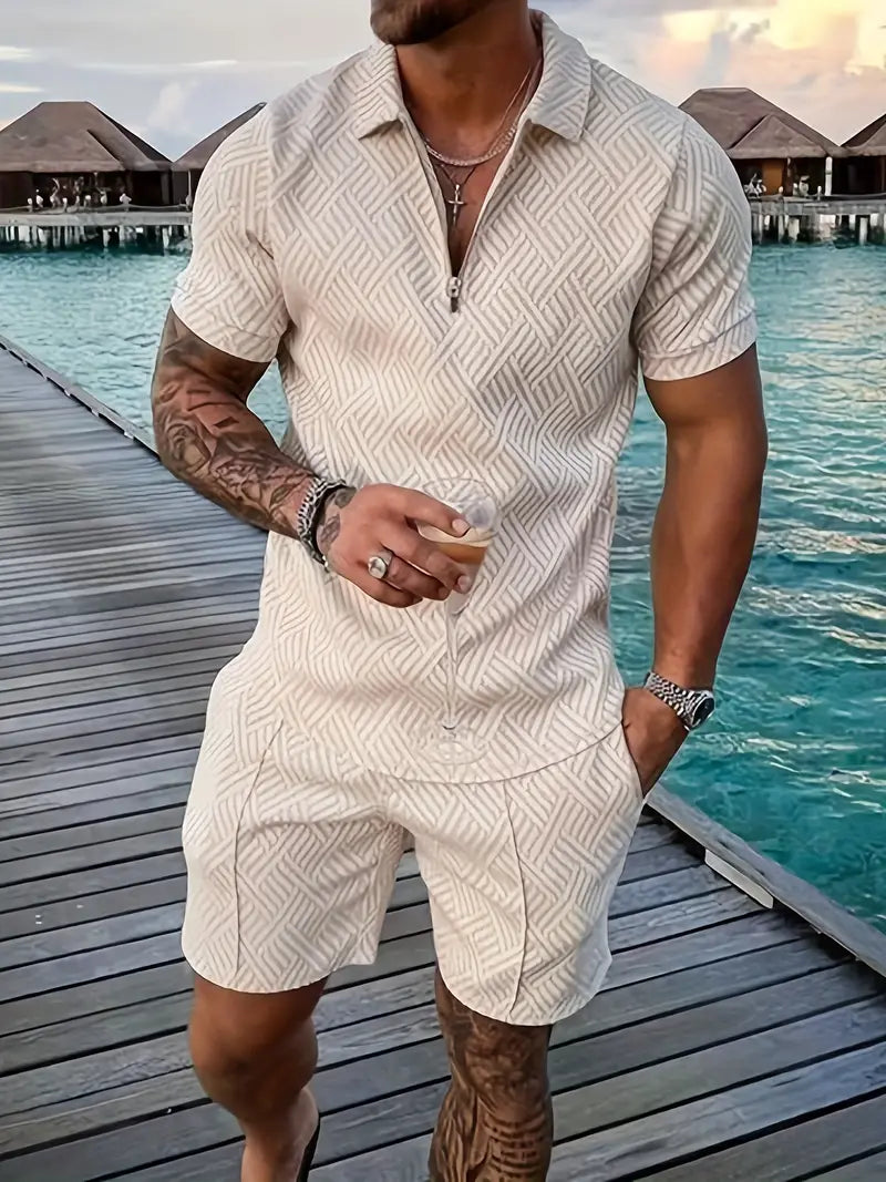 Men’s Polo Shirt and Shorts Set – Slim Fit – Zip Placket – Breathable Textured Fabric