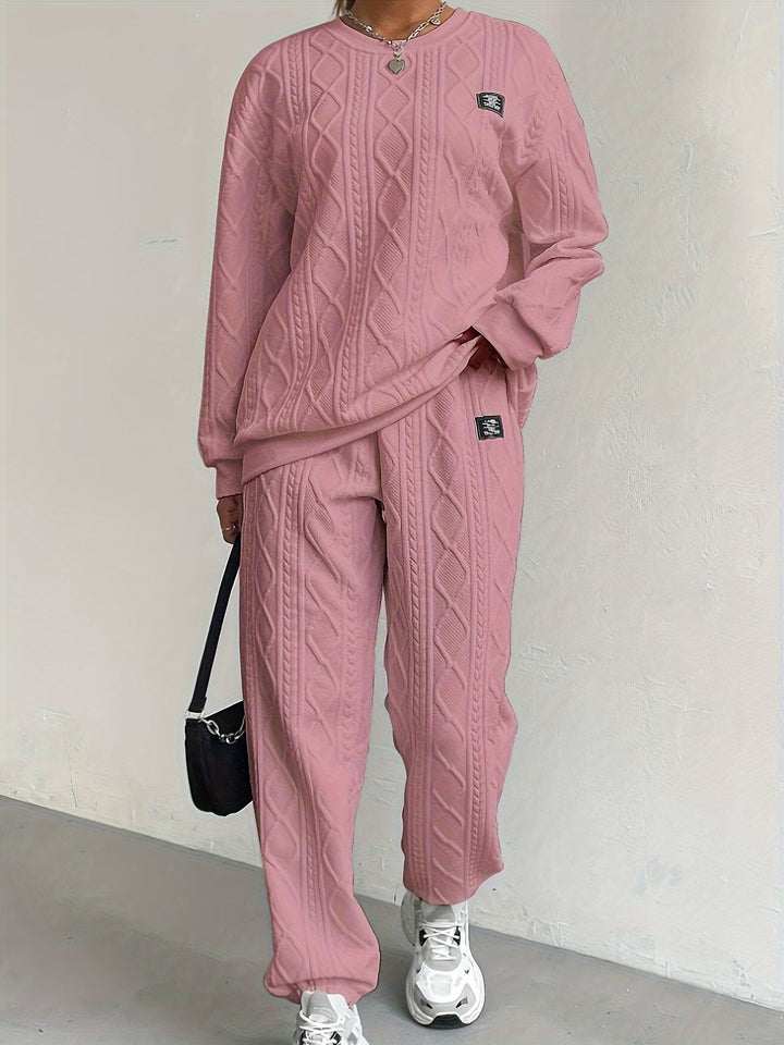 Women’s Lounge Set – Cable Knit – Relaxed Fit – Ribbed Neckline & Cuffs – Full Length