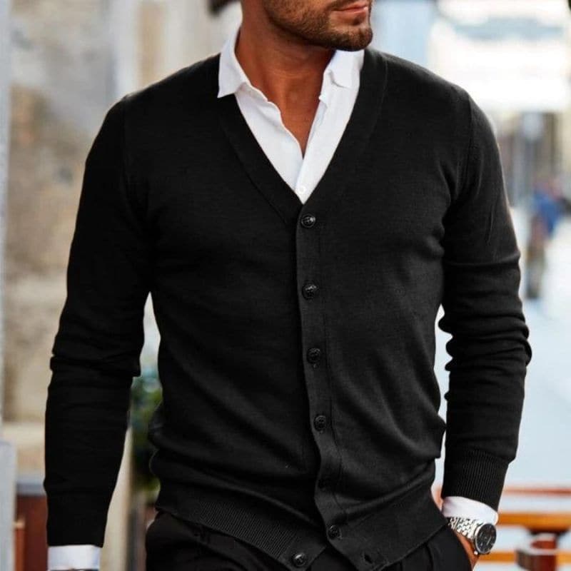Men's Cardigan - Soft Knit - V-Neck - Button Front - Regular Fit - Ribbed Hem & Cuffs