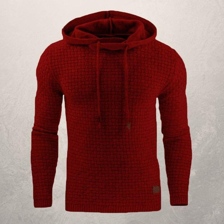 Men’s Knitted Sweater - Slim Fit - Textured Grid Pattern - Hooded with Drawstrings
