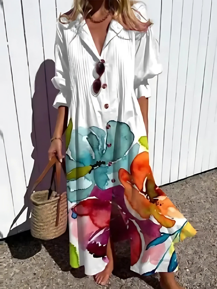 Women’s Maxi Dress - Relaxed Fit - Breathable Blend - Button Front - Retro Leaf Print