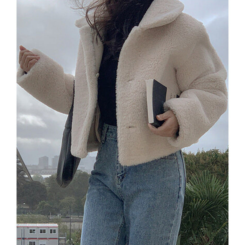 Women's Shearling Jacket - Cropped Fit - Wide Lapel - Buttoned Front - Plush Lining