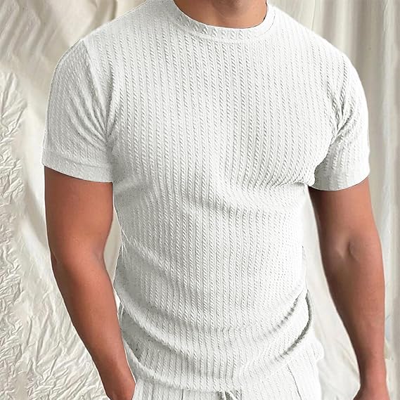 Men’s Knitted T-Shirt - Tailored Fit - Soft Knit - Ribbed Texture - Crew Neck - Short Sleeve
