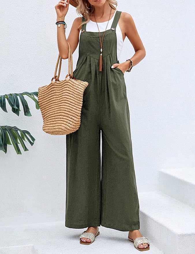 Women's Jumpsuit - Wide Leg - Sleeveless Adjustable Straps - Relaxed Fit Breathable Fabric